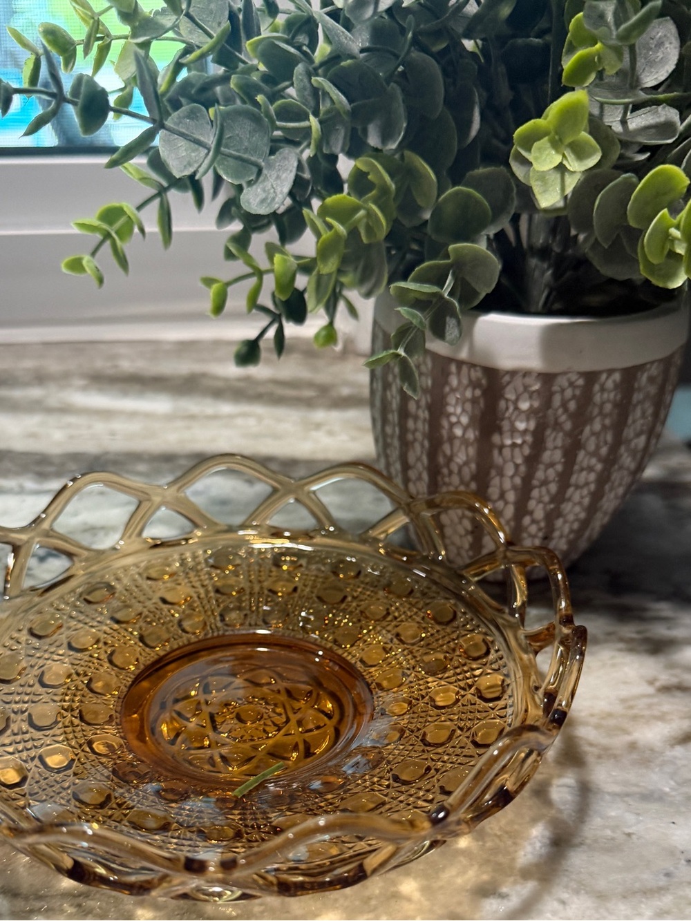 Amber Glass Decorative Low Bowl Dish Home Art Candy Snacks Relish Vintage